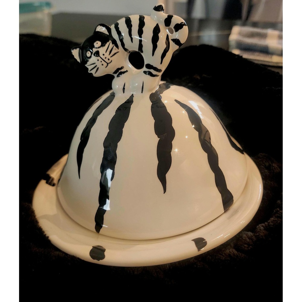 Cheri Lane Ceramic Cat Butter Dish Cassanova Black White Tabby Kitsch Kitchen